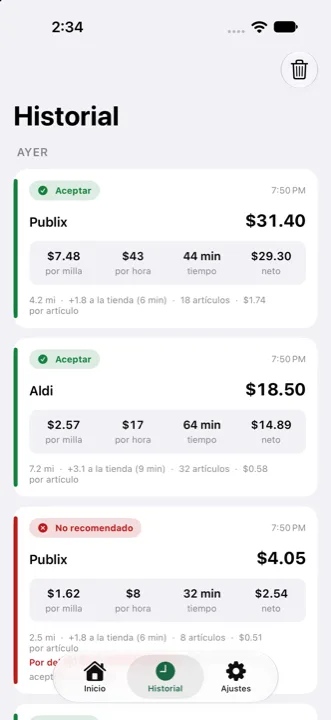Historial con valor por milla, por hora, tiempo y neto