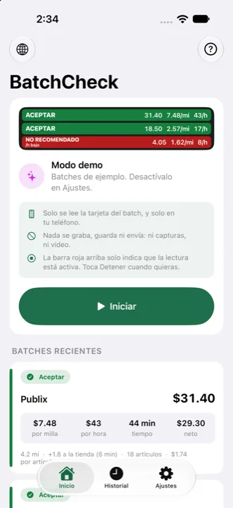 Pantalla de inicio con la barra de veredicto y los batches leídos