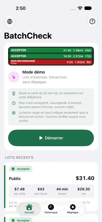 Écran d'accueil avec la bande de verdict et les lots lus