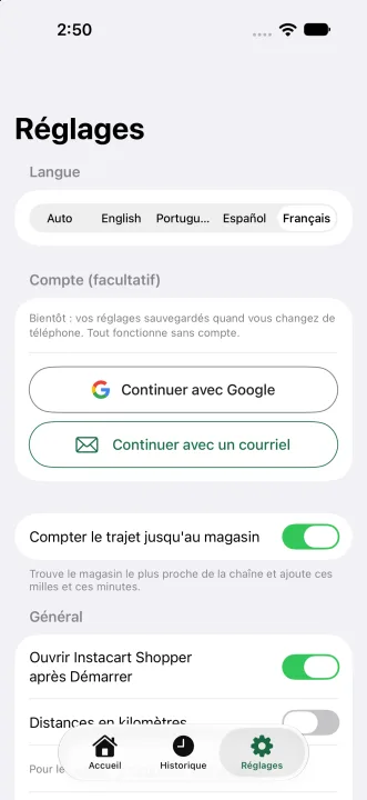 Réglages avec les minimums par heure, par kilomètre, par article et par lot