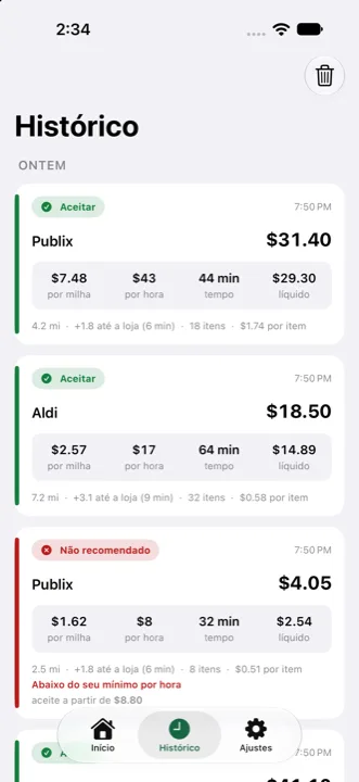 Histórico com valor por milha, por hora, tempo e líquido