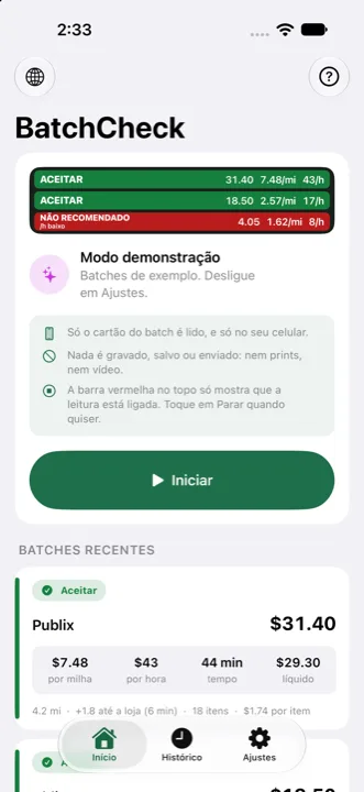 Tela inicial com a faixa de veredito e as batches lidas
