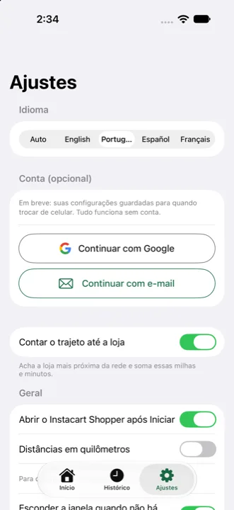 Configurações com os mínimos por hora, por milha, por item e por batch